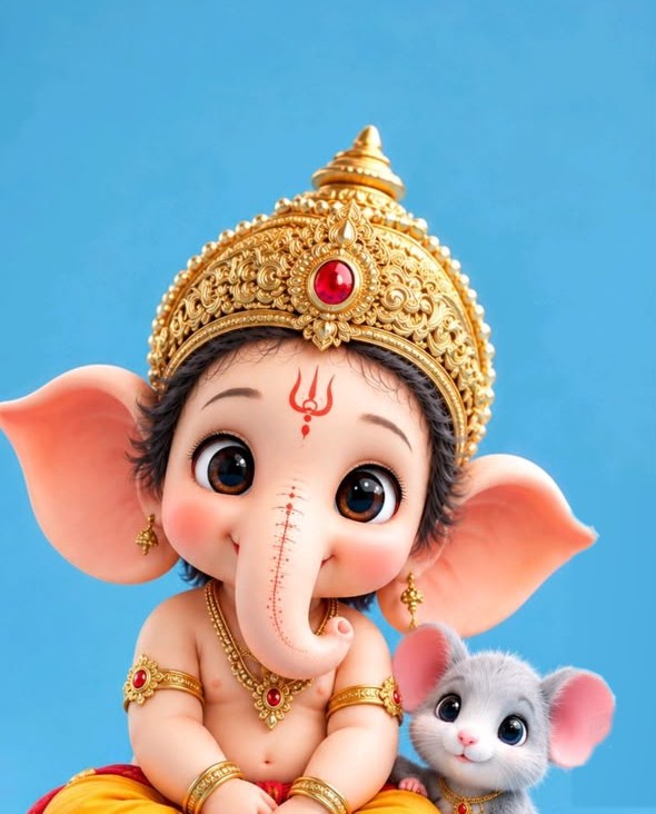 Bal Ganesh in a golden crown, smiling beside his little mouse friend